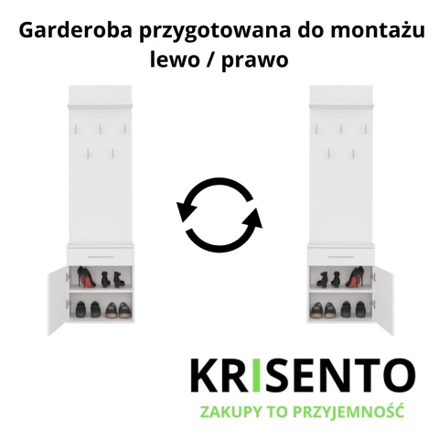 Schemat techniczny garderoby GAR-103-BIEL-MAT prezentujący montaż drzwiczek na lewą lub prawą stronę.