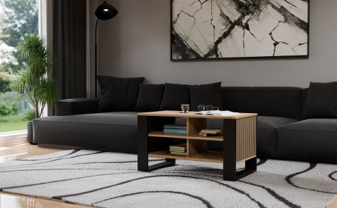 Wizualizacja salonu w stylu loft z produktem: stolik kawowy z lamelami STOL-830-ART-CZERN-LAM.