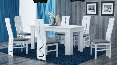 Stół biały 160x80 cm STOL-814-BIEL-MAT w aranżacji strefy jadalnianej – widok boczny z dekoracjami.