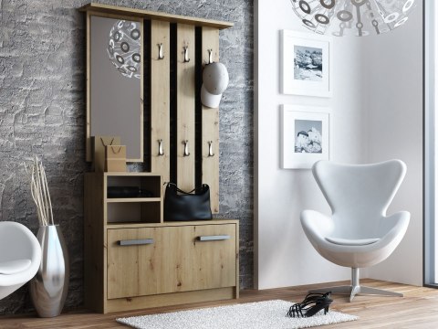 Wizualizacja stylowego korytarza z garderobą GAR-101-ART w dębie artisan ukazaną na szarej ścianie, tworzącą modne wnętrze.