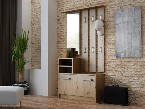 Eleganckie wnętrze korytarza z drewnopodobną garderobą GAR-101-ART w półprofilu.