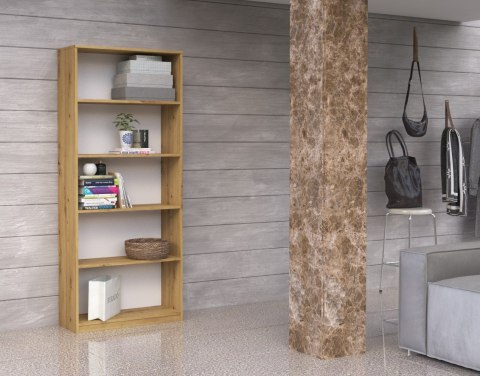 Regał RE-1403-ART jako centralny punkt biurowej organizacji, który łączy surowy design dębu z maksymalną funkcjonalnością.