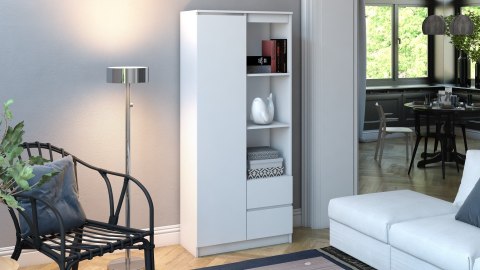 Regał RE-1425-BIEL-MAT jako funkcjonalny element, który łączy w sobie minimalistyczny design z pojemnością przechowywania.