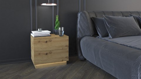 Wizualizacja klimatycznej sypialni z szafką nocną SN-306-ART+LED w dębie artisan, której światło buduje atmosferę wokół łóżka.