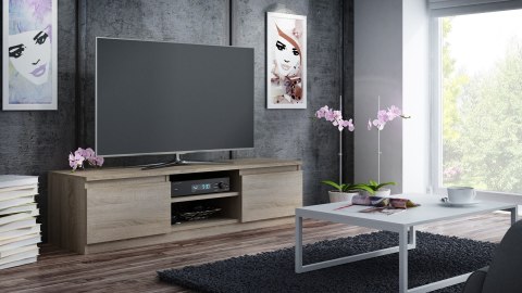 Jasna szafka pod telewizor w aranżacji z szarą ścianą – widok 3/4.