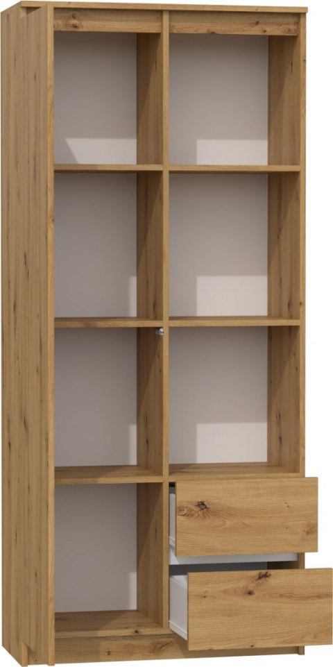 Regał RE-1425-ART w naturalnym dekorze dębu artisan widoczny w półprofilu z otwartymi drzwiami i szufladami.