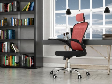 Wizualizacja nowoczesnego biura typu open-space z czerwonym fotelem FOT-401-CZERWO stanowiącym mocny akcent kolorystyczny.