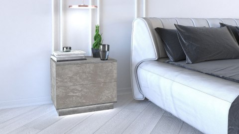Wizualizacja sypialni z szafką nocną w kolorze betonu SN-306-BET+LED przy łóżku.