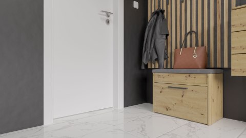 Wizualizacja nowoczesnego przedpokoju z szafką z siedziskiem dąb artisan BUT-208-ART przy ścianie.
