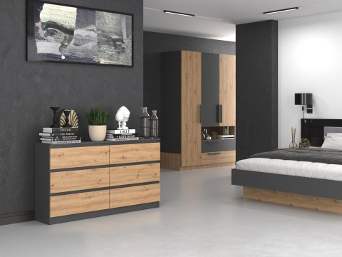 Wizualizacja sypialni z komodą 140 cm antracyt - dąb artisan KOM-906-ANT-ART.