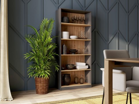 Stylowe wnętrze z regałem 80 cm antracyt mat i dębowymi półkami w półprofilu.