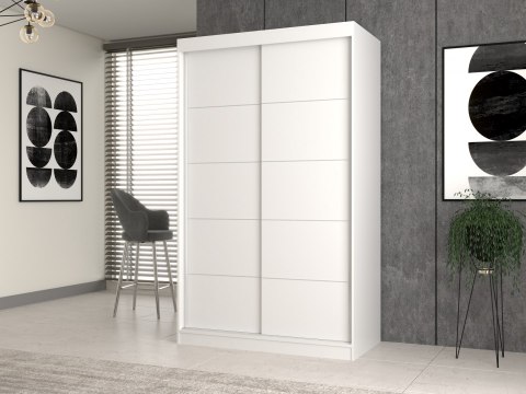 Wizualizacja minimalistycznej sypialni z białą szafą przesuwną 120 cm SZAF-1013-BIEL-MAT.
