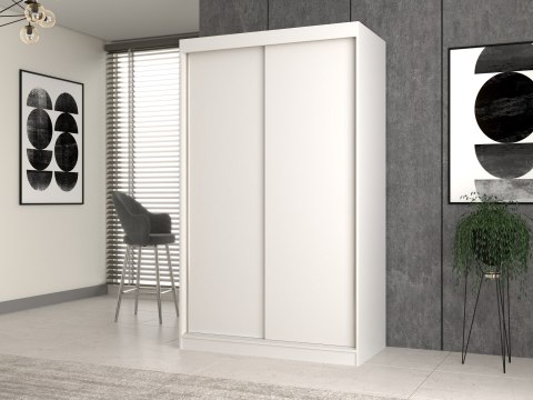 Wizualizacja minimalistycznej sypialni z białą szafą przesuwną 120 cm SZAF-1012-BIEL-MAT na tle szarej ściany.