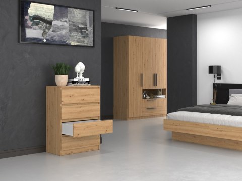Otwarta komoda KOM-902-ART jako element spójnej zabudowy w kolorze drewna w nowoczesnym mieszkaniu.