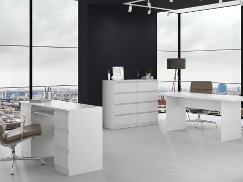 Biała komoda matowa KOM-907-BIEL-MAT w aranżacji minimalistycznego biura– widok 3/4.