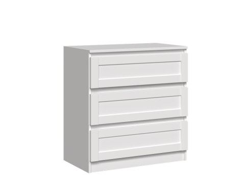 Zamknięta biała komoda KOM-901-BIEL-MAT-R widoczna w półprofilu.