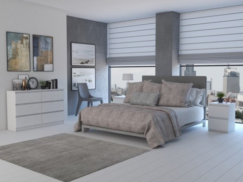 Minimalistyczna Komoda KOM-904-BIEL-MAT w wizualizacji sypialni z dekoracjami na blacie.