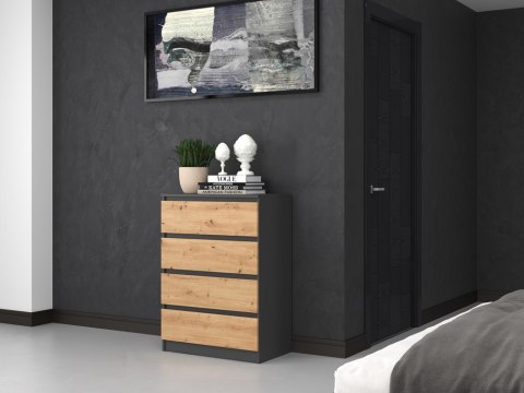 Praktyczne wykorzystanie blatu komody 70 cm – model KOM-902-ANT-ART w wizualizacji sypialni w pólprofilu.