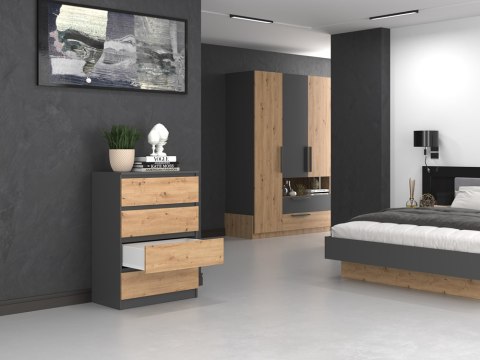 Otwarta komoda antracyt dąb artisan KOM-902-ANT-ART w aranżacji nowoczesnej sypialni – widok 3/4.