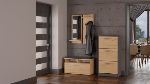 Stylowe wnętrze przedpokoju w stylu loft z pojemną szafką na obuwie BUT-201-ANT-ART w półprofilu.