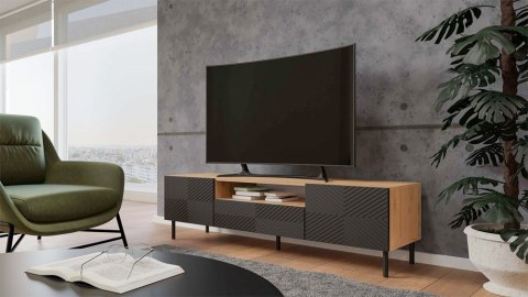 Wizualizacja nowoczesnego salonu z produktem: szafka RTV frezowana 160 cm dąb artisan czerń RTV-506-ART-CZERN.