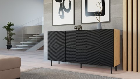Wizualizacja loftowego salonu z produktem: komoda ryflowane fronty dąb artisan czerń KOM-923-ART-CZERN.
