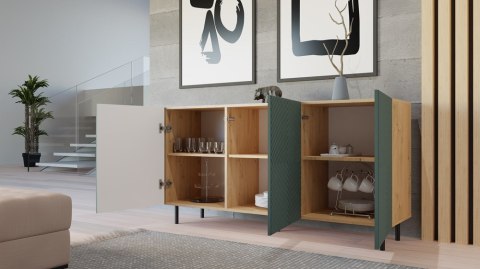 Komoda KOM-923-ART-ZIEL z otwartymi drzwiczkami w codziennym użytkowaniu – komfortowa organizacja przestrzeni.