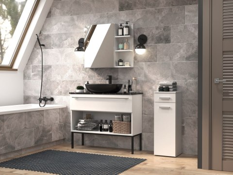 Wizualizacja nowoczesnej łazienki z produktem: mała szafka łazienkowa biały mat LAZ-1317-BIEL-MAT.