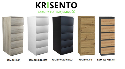 Dostępne warianty kolorystyczne mebla: Komoda wysoka wąska KOM-909.