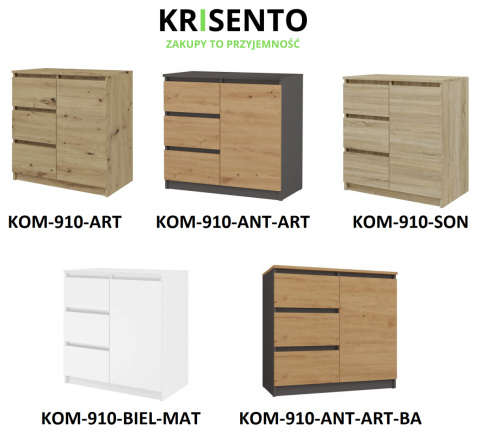 Dostępne warianty kolorystyczne mebla: Komoda 80 cm szerokości KOM-910.