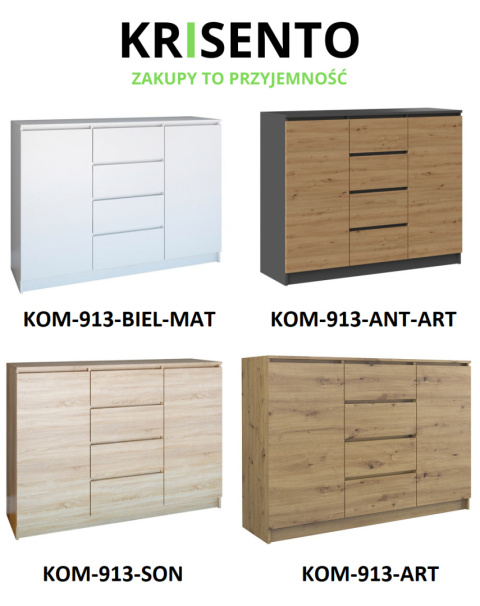 Dostępne warianty kolorystyczne mebla: Komoda z szufladami i drzwiczkami KOM-913.