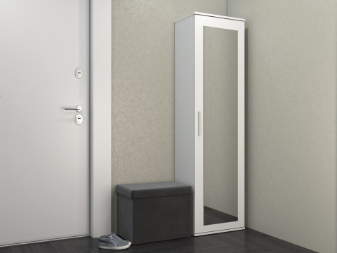 Minimalistyczne wnętrze z wąską, białą szafą SZAF-1003-BIEL-MAT w półprofilu.
