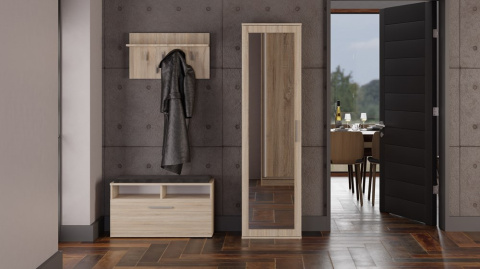 Szafa przedpokojowa dąb sonoma w aranżacji z szafką na buty i wieszakiem w tym samym kolorze – widok od frontu.