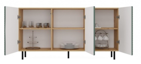 Zielona komoda 150 cm z elementami dąb artisan KOM-923-ART-ZIEL – widok z przodu na otwarte fronty.