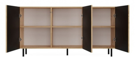 Otwarta komoda z lamelami KOM-924-ART-LAM w odcieniu dąb artisan – zestawienie mebla w wariancie przodem.