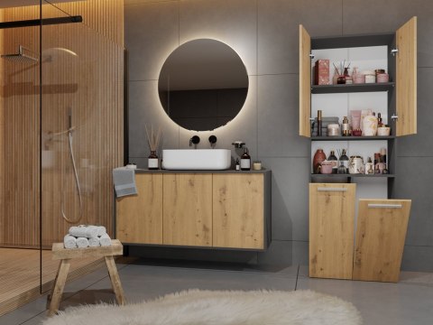 Słupek z koszami na pranie LAZ-1321-ANT-ART z uchylonymi frontami w użytkowaniu – wygodna segregacja odzieży i kosmetyków.
