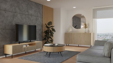 Wizualizacja nowoczesnego salonu z produktem: szafka pod TV z lamelami 160 cm dąb artisan RTV-507-ART-LAM.