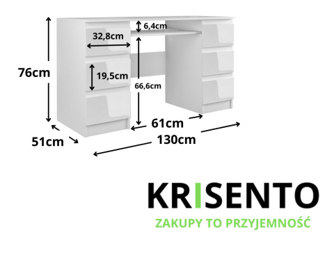 Wymiary biurka BIUR-705-BIEL-POŁ z szufladami.