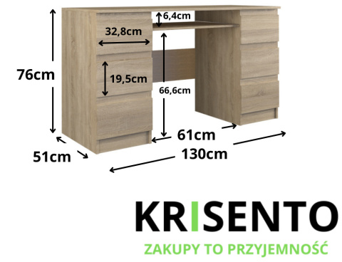 Wymiary biurka BIUR-705-SON z szufladami i półką na klawiaturę.