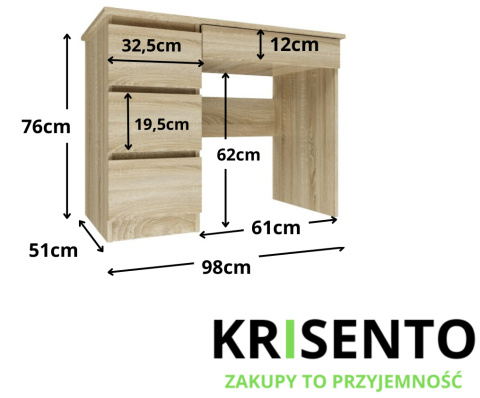 Wymiary biurka BIUR-706-SON-L z szufladami.