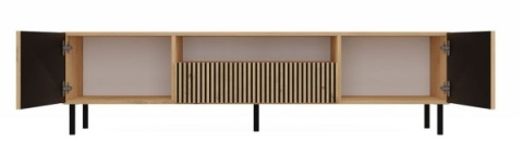 Szafka pod TV z lamelami 160 cm w kolorze dąb artisan RTV-507-ART-LAM – widok z przodu na otwarte fronty.