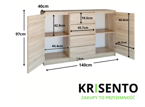 KOMODA KOM-914-SON 140CM 4 SZUFLADY 2 DRZWI DĄB SONOMA