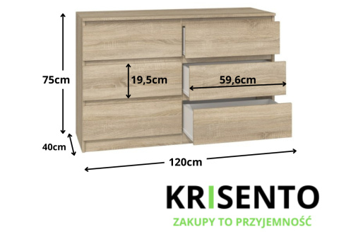 Wymiary komody KOM-905-SON z sześcioma szufladami.
