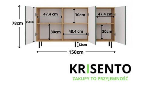 Wymiary zielonej komody 150 cm dąb artisan KOM-923-ART-ZIEL.
