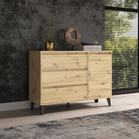 Stylowe wnętrze sypialni z komodą dąb artisan KOM-929-ART w półprofilu.