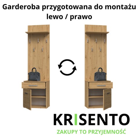 Schemat techniczny garderoby GAR-103-ART pokazujący montaż drzwiczek szafki na buty na lewą lub prawą stronę.