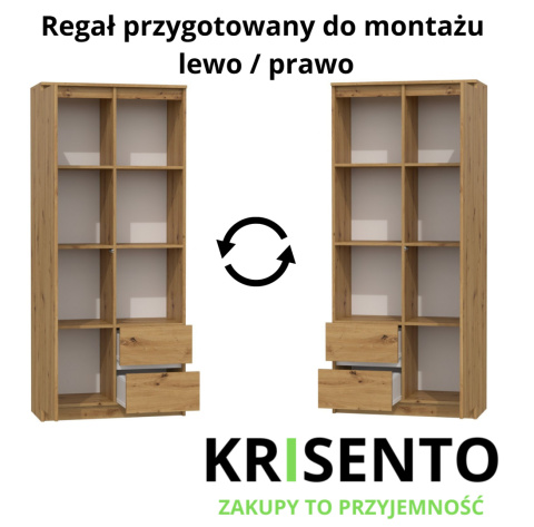 Schemat techniczny regału RE-1425-ART prezentujący opcję montażu na lewą lub prawą stronę.