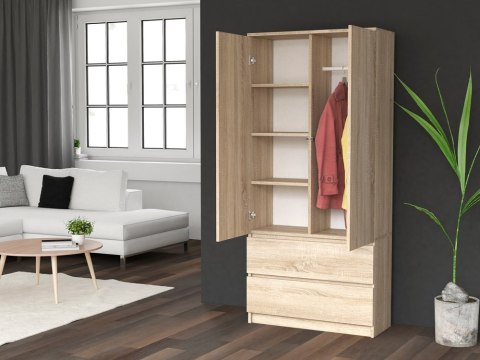 Praktyczne wykorzystanie wnętrza szafy dąb sonoma – model SZAF-1008-SON 90cm w wizualizacji - widok 3/4.