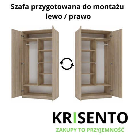 Schemat techniczny szafy SZAF-1002-SON prezentujący opcję montażu drzwiczek na lewą lub prawą stronę.