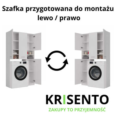 Schemat techniczny mebli LAZ-1308-BIEL-MAT prezentujący opcję montażu drzwiczek z otwieraniem na lewo lub prawo.